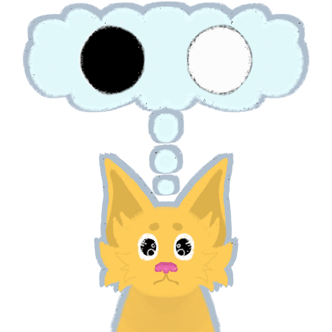 a yellow wolf with big eyes and a pink nose has a light blue thought bubble, in the thought bubble is a black circle and a white circle.